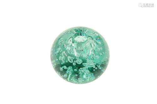 A 19TH CENTURY GREEN GLASS INKWELL DUMP, spherical with