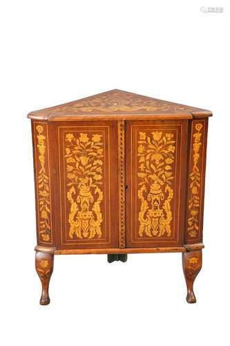 A DUTCH FLORAL MARQUETRY CORNER CABINET, the top and