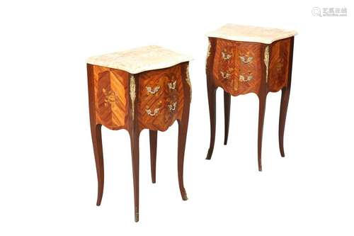 A PAIR OF FRENCH FLORAL MARQUETRY AND MARBLE-TOPPED