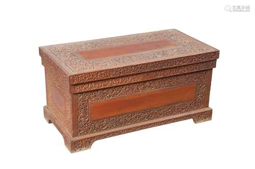 AN INDIAN CARVED TEAK TRUNK, 19TH CENTURY, rectangular,