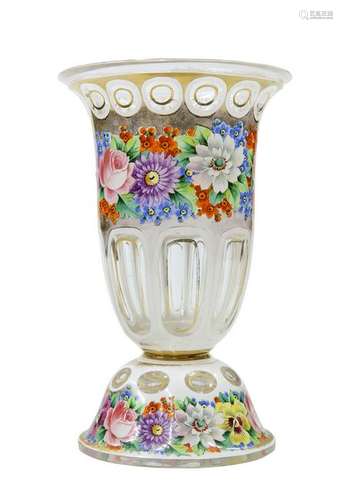 A BOHEMIAN PAINTED AND GILDED OVERLAY GLASS VASE, 19TH