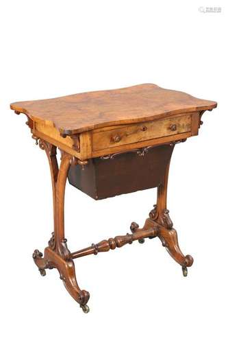 A VICTORIAN BURR WALNUT WORK TABLE, the shaped