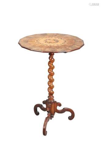 A VICTORIAN INLAID WALNUT TRIPOD TABLE, the faceted top