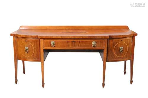 A GEORGE III INLAID MAHOGANY BREAKFRONT SIDEBOARD, the