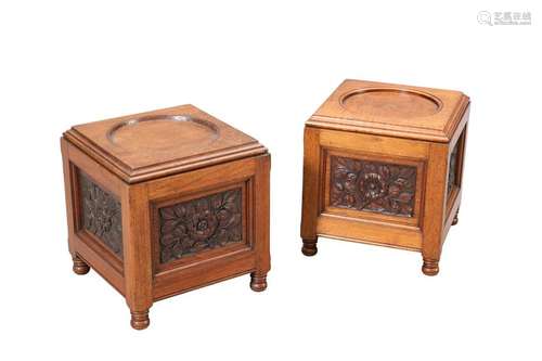 A PAIR OF WALNUT PEDESTAL BASES BY GILLOWS, THE DESIGN