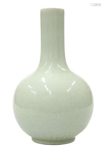 A CHINESE CELADON VASE, bottle shaped, decorated with