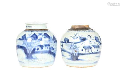 TWO CHINESE PROVINCIAL BLUE AND WHITE GINGER JARS, one