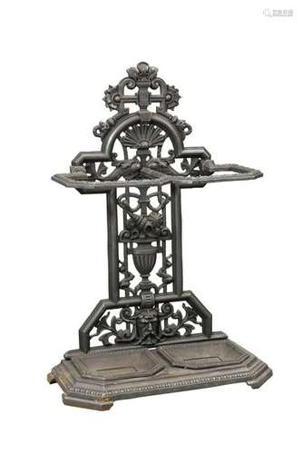 A VICTORIAN CAST IRON STICKSTAND, with twin stick