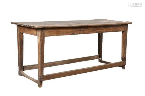 A PRIMITIVE OAK REFECTORY TABLE, the plank top raised