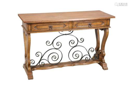 AN OAK AND WROUGHT IRON CONSOLE TABLE, with two frieze