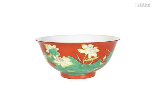 A CHINESE RED GROUND BOWL, green and yellow enamel