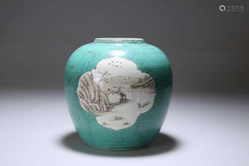 A CHINESE TURQUOISE GROUND GINGER JAR, decorated en