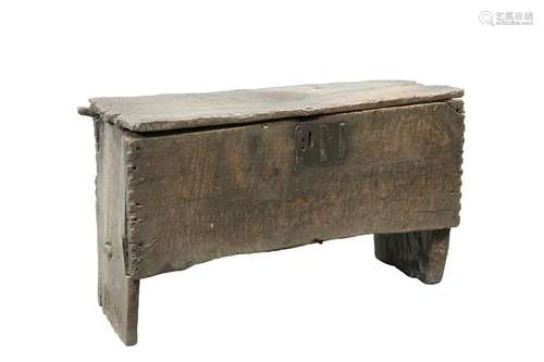 A PRIMITIVE OAK BOARDED SIX-PLANK CHEST, possibly 16th