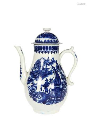 AN ENGLISH BLUE AND WHITE PORCELAIN COFFEE POT, LATE