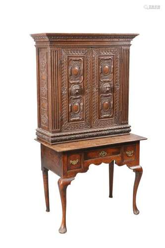 AN 18TH CENTURY OAK LOWBOY, the moulded rectangular top