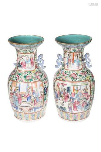 A LARGE PAIR OF CANTONESE ENAMEL DECORATED VASES, MID