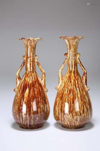 A PAIR OF LINTHORPE POTTERY TWO-HANDLED VASES, with