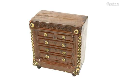 AN ENGLISH SLIPWARE CHEST OF DRAWERS MONEY BANK, 19TH