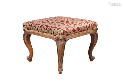 A VICTORIAN WALNUT AND UPHOLSTERED STOOL, the square