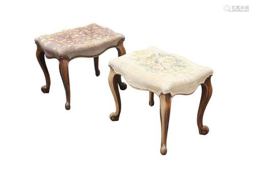 A PAIR OF 19TH CENTURY CABRIOLE LEG STOOLS, each with