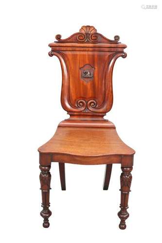 A VICTORIAN MAHOGANY HALL CHAIR, the lyre-shape back