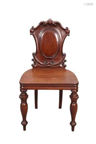 A VICTORIAN MAHOGANY HALL CHAIR, with scroll carved