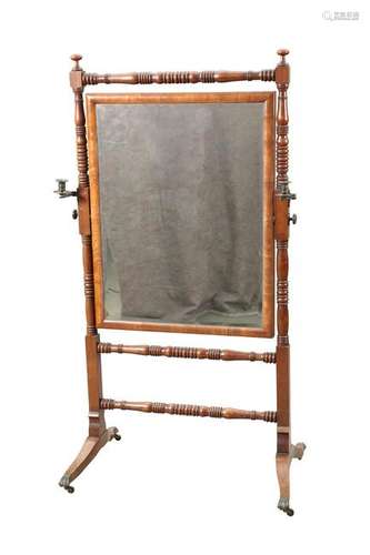 A LATE REGENCY MAHOGANY CHEVAL MIRROR, the bevelled