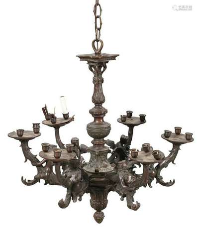 A 19TH CENTURY BRONZE CHANDELIER, the six removable