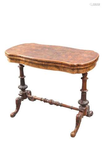 A VICTORIAN BURR WALNUT FOLDOVER CARD TABLE, the