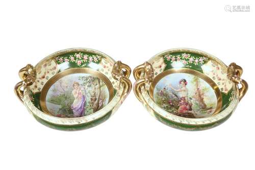 A PAIR OF CONTINENTAL PORCELAIN TWO-HANDLED BOWLS,