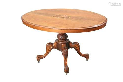 A VICTORIAN INLAID WALNUT TILT-TOP LOO TABLE, the