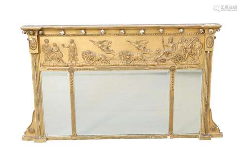 A REGENCY GILT-COMPOSITION TRIPTYCH OVERMANTEL MIRROR,