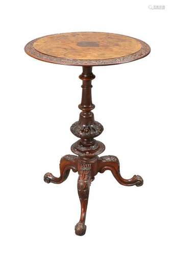 A VICTORIAN INLAID BURR WALNUT TRIPOD TABLE, the