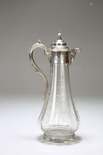 A SILVER-PLATE MOUNTED ETCHED GLASS CLARET JUG, LATE