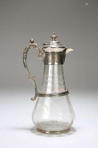 A SILVER-PLATE MOUNTED ETCHED GLASS CLARET JUG, LATE