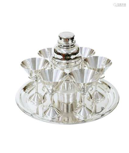 AN ART DECO SILVER-PLATED COCKTAIL SET, the shaker and