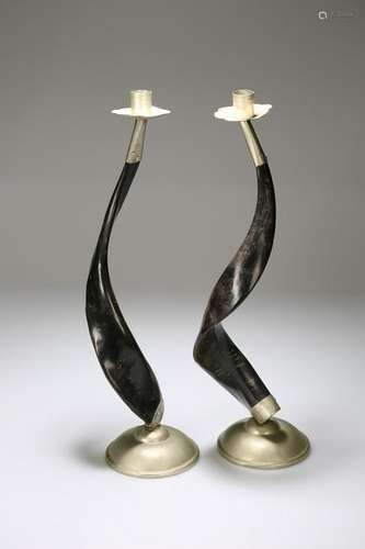 A LARGE PAIR OF WHITE METAL MOUNTED AND HORN