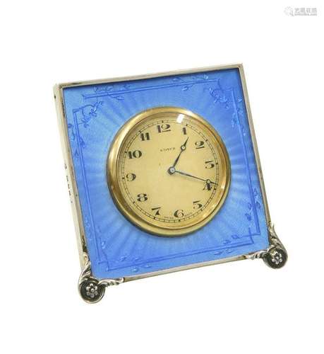 A GEORGE V SILVER AND BLUE ENAMEL DESK CLOCK, RICHARD