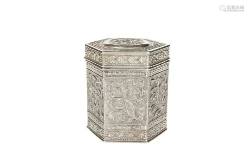 A CHINESE SILVER TEA CADDY, c. 1900, of hexagonal form,