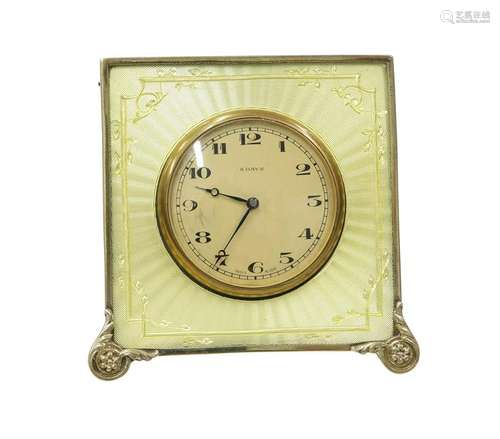 A GEORGE V SILVER AND ENGINE TURNED ENAMEL STRUT CLOCK,