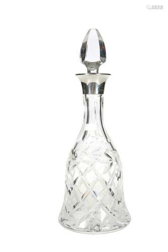 A SILVER-MOUNTED CUT-GLASS BELL DECANTER, the silver