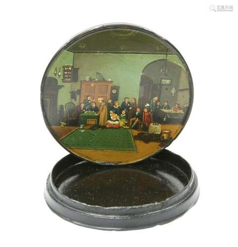 A 19TH CENTURY LACQUER SNUFF BOX, circular, the cover