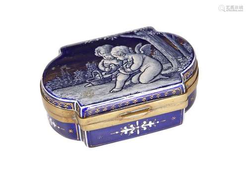 A CONTINENTAL BLUE AND WHITE ENAMEL TRINKET BOX, 19TH