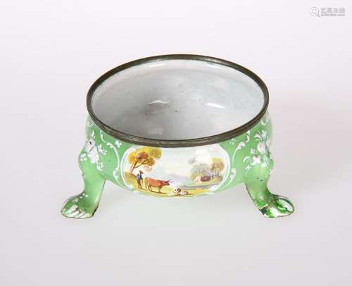 AN ENGLISH GREEN ENAMEL SALT CELLAR, decorated with