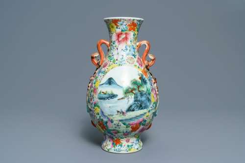 A Chinese famille rose 'millefleurs' landscape vase,
