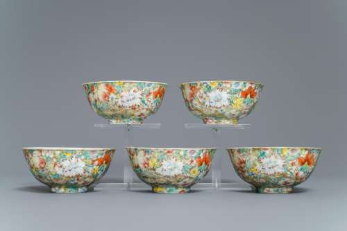 Five Chinese famille rose 'millefleurs' bowls, Qianlong