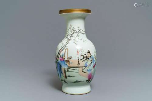 A Chinese famille rose vase with figures in a garden,