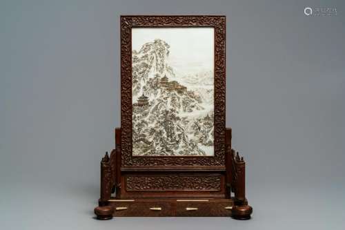 A fine Chinese grisaille 'winter landscape' plaque in a
