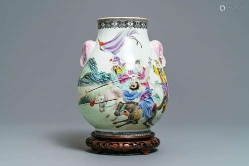 A Chinese famille rose hu vase with warriors on