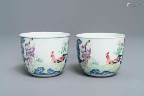 A pair of Chinese famille rose 'chicken' cups, Qianlong